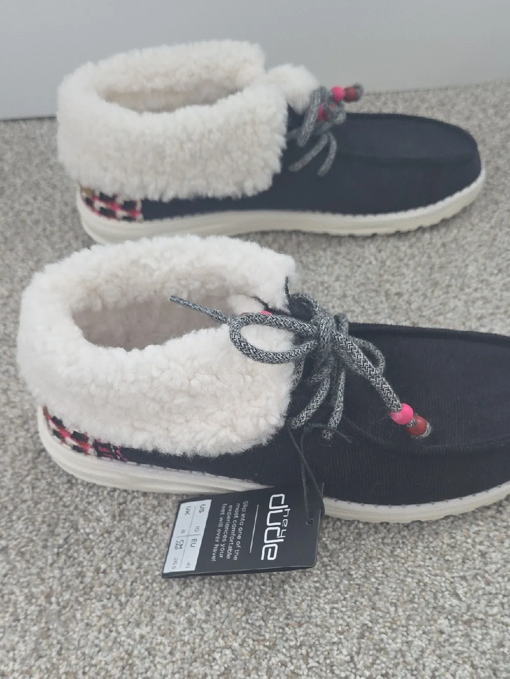 Hey Dude Womens Black Slip-On Shoes with Cream Lining and Pink Bead Accents - Picture 2 of 8